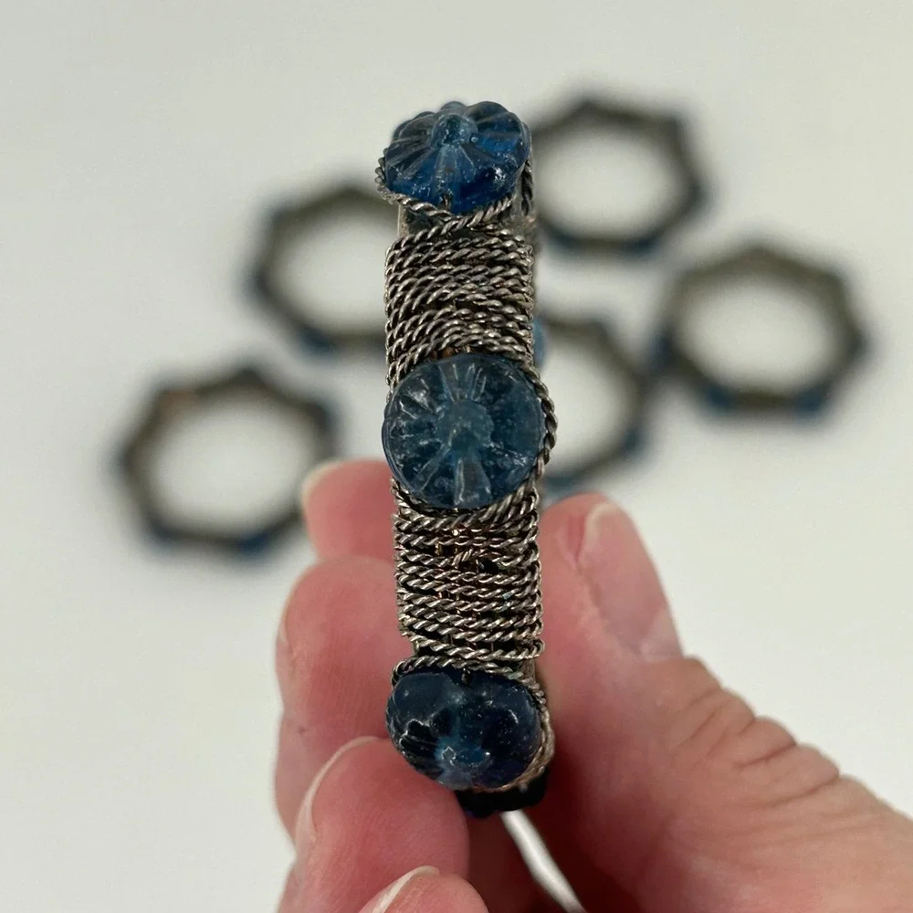 Vintage Napkin Rings Set of 6 Silver Tone Wire Wrapped Blue Glass Floral Detail